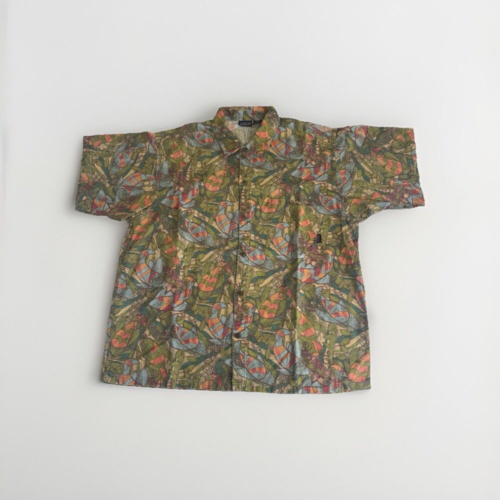 Vintage 90s XL Patagonia Pataloha Aloha Fish AOP Organic Cotton Button Shirt HTF